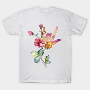 ASL Sign Language Shirt Deaf Interpreter ILY Sign Floral Watercolor Cute Gift T-Shirt